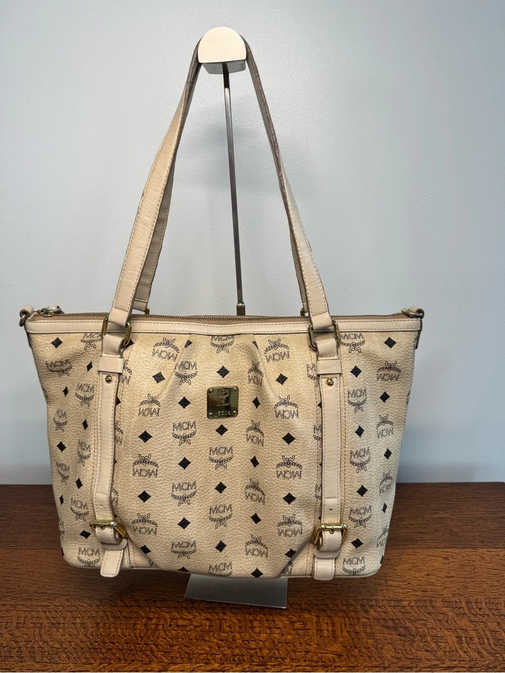 MCM Beige Visetos Monogram Pleated Coated Canvas Tote Bag with COA